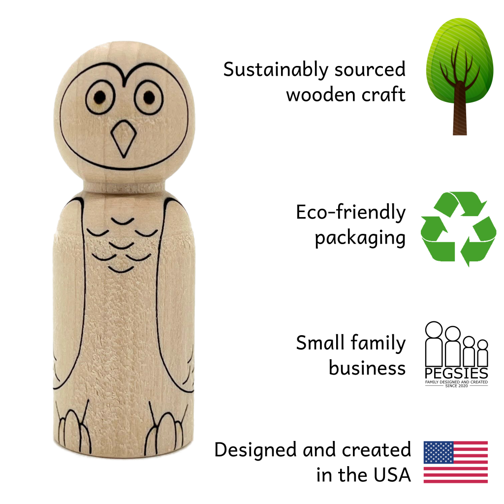 Arctic Owl as wooden peg doll highlighting qualities of Pegsies. Sustainably sourced wooden craft, Eco-friendly packaging, Small family business, all while being designed and created in the USA.