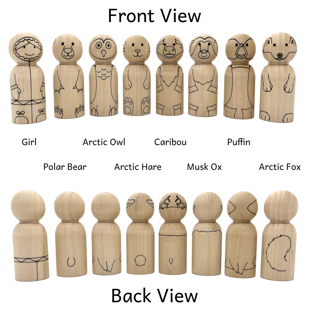 Front and back view of Arctic Girl and Animals (Friends) represented as wooden peg dolls. Characters include, Polar Bear, Arctic Owl, Arctic Hare, Caribou, Musk Ox, Puffin, and Arctic Fox. Peg dolls are laser etched for easy painting.