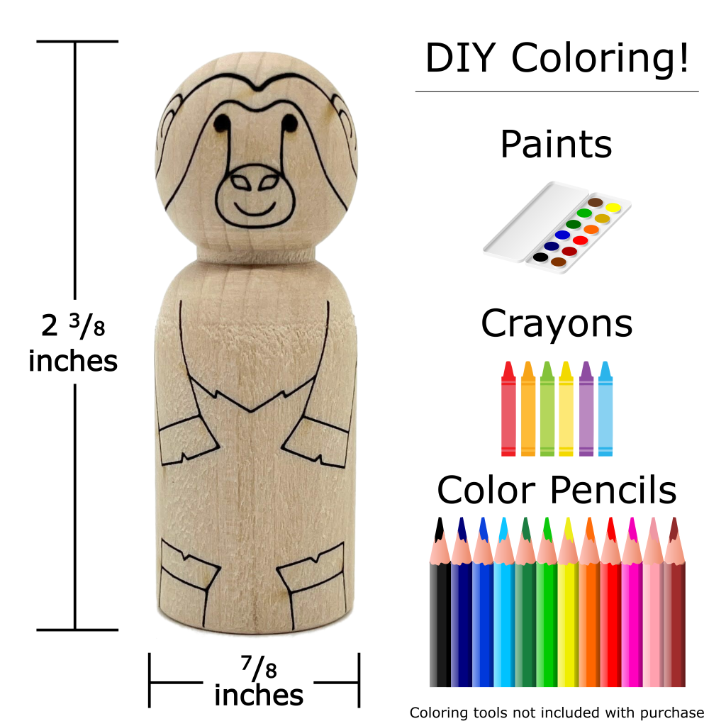 Arctic Musk Ox Peg Doll that is 7/8 inches in diameter and 2 3/8 inches tall. Coloring recommendations include paints, crayons, and color pencils.