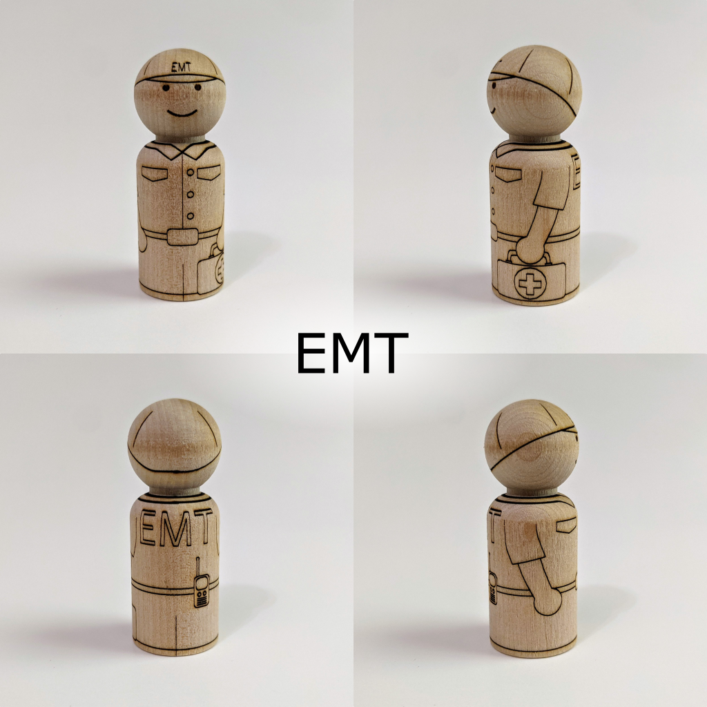 Front, sides, and back view of birch peg doll with laser etched Emergency Medical Technician (EMT) design. Character has EMT uniform with first aid kit and radio.