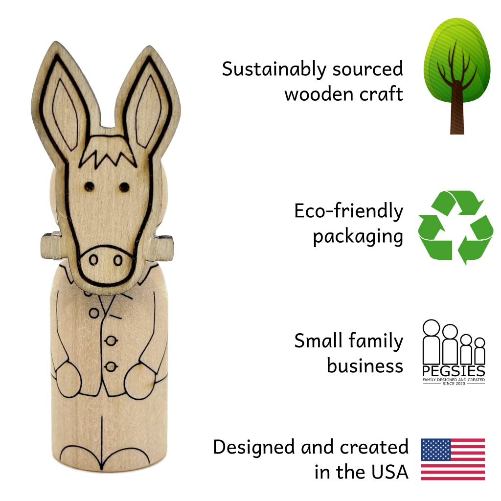 Laser engraved peg doll representation of Nick Bottom with a donkey head from Midsummer Nights Dream. Highlights sustainably sourced wooden craft, eco-friendly packaging, small family business, and designed/created in the USA.