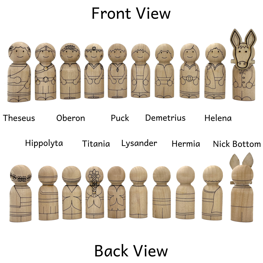 Midsummer Nights Dream characters represented as wooden peg dolls. Front and back view of characters include Nick Bottom with a donkey head, Oberon, Titania, Puck, Hermia, Demetrius, Lysander, Helena, Theseus, and Hippolyta.