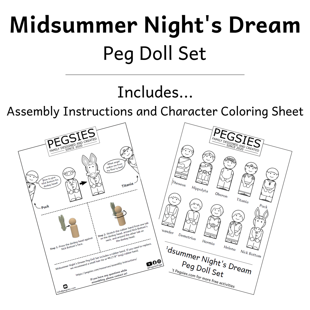 Midsummer Nights Dream characters represented as wooden peg dolls. Assembly instructions for securing the donkey head on Nick Bottom's face as well as a coloring sheet for each character included in the set.