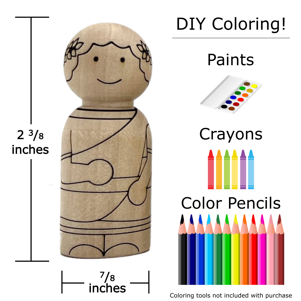 Laser engraved peg doll representation of Theseus. Natural wooden shape is easily colored with paints, crayons, or color pencils.