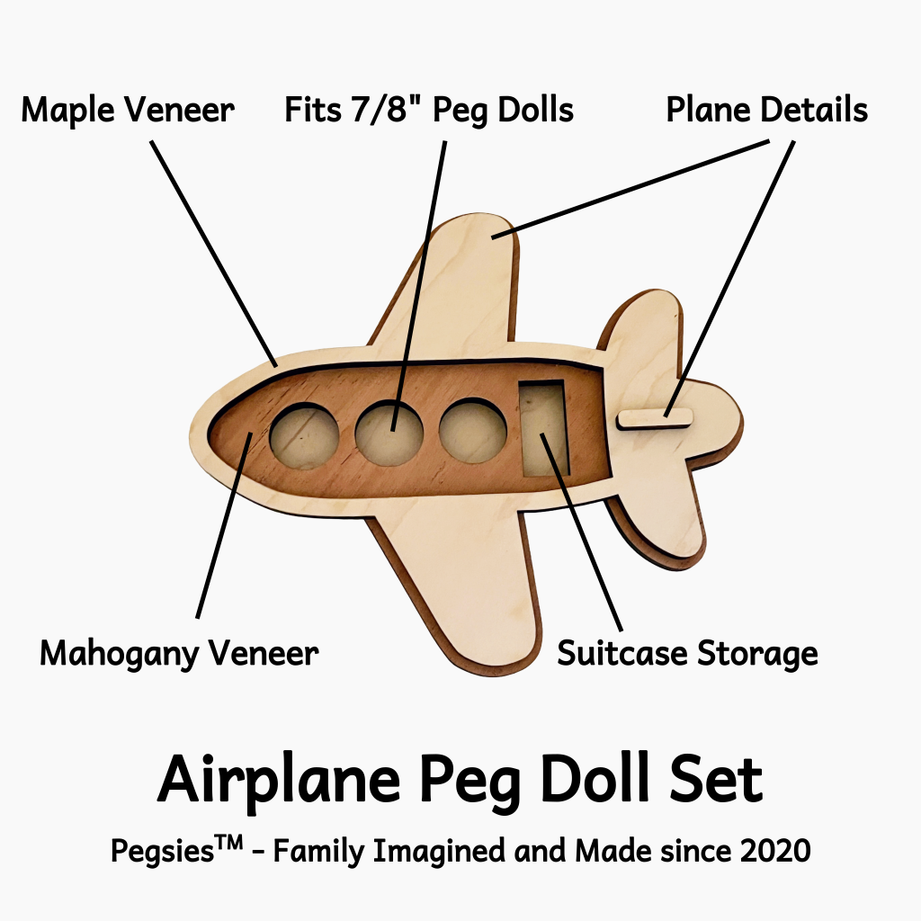 Wooden airplane that holds peg dolls securely in seats