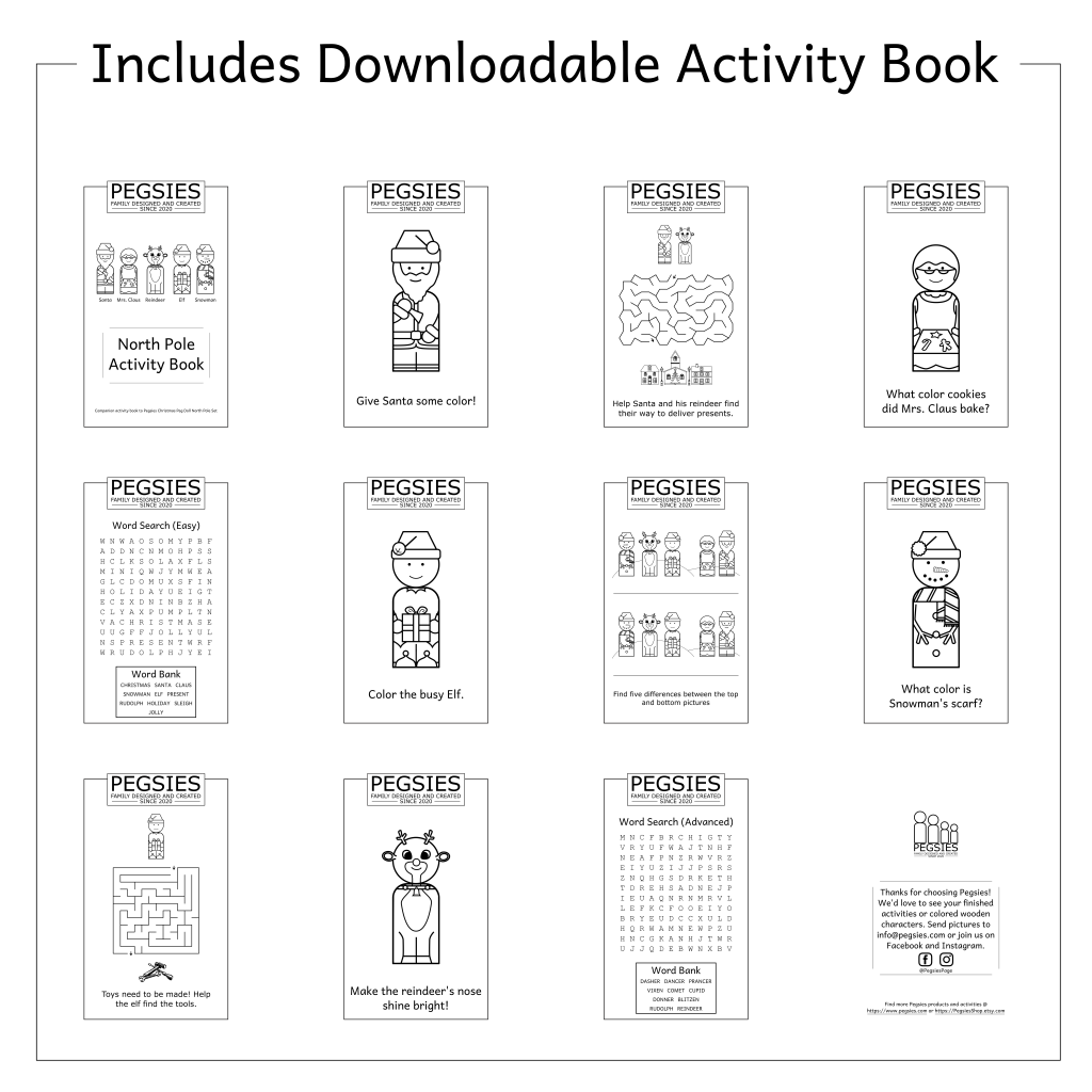 Pages of North Pole activity book including coloring, mazes, word searches, and find the differences pages. Activity book is free to download.