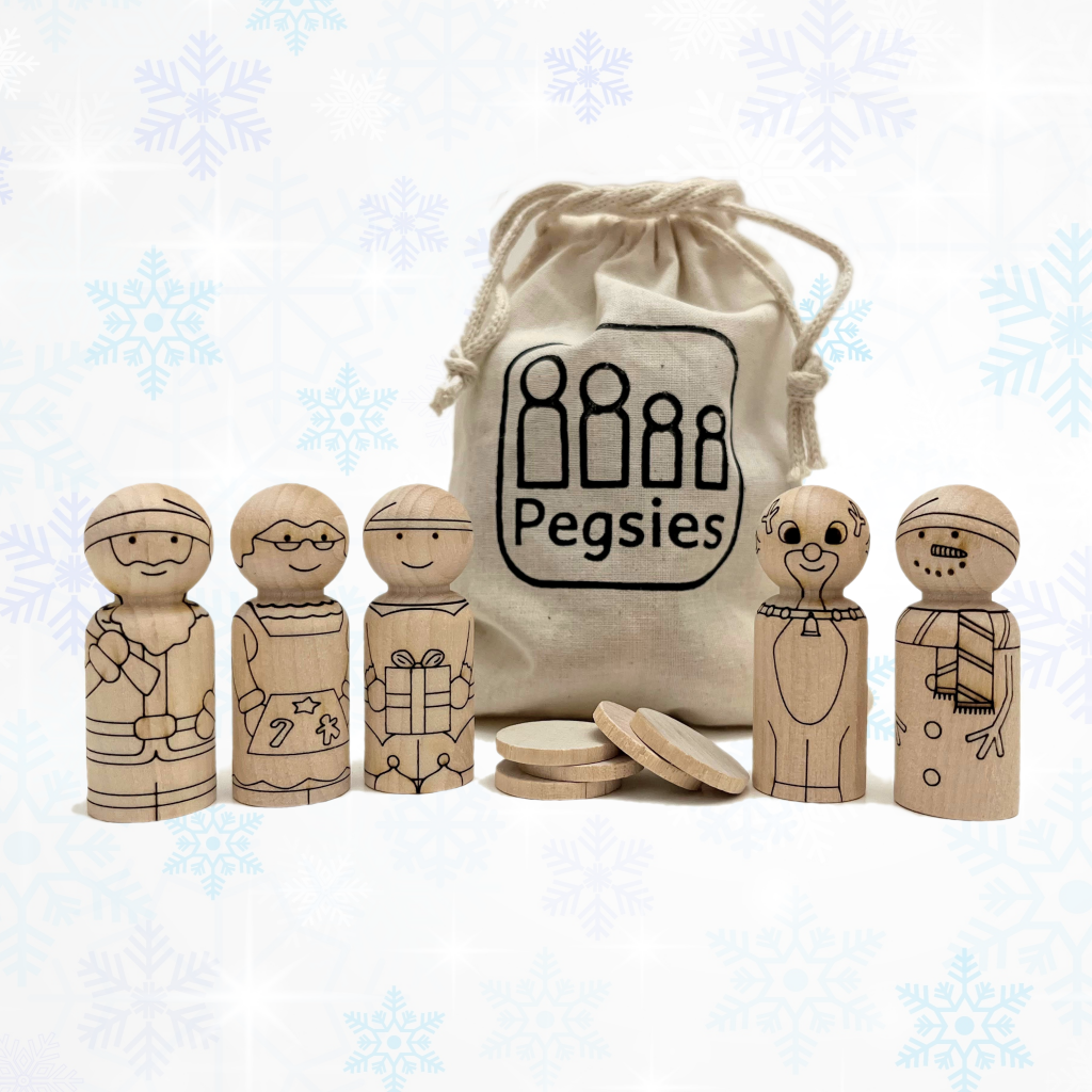 Five peg dolls made from birch wood laser etched with North Pole Christmas characters: Santa, Mrs. Claus, Elf, Reindeer, and Snowman. Includes muslin cotton pouch and five birch tokens to test coloring tools.