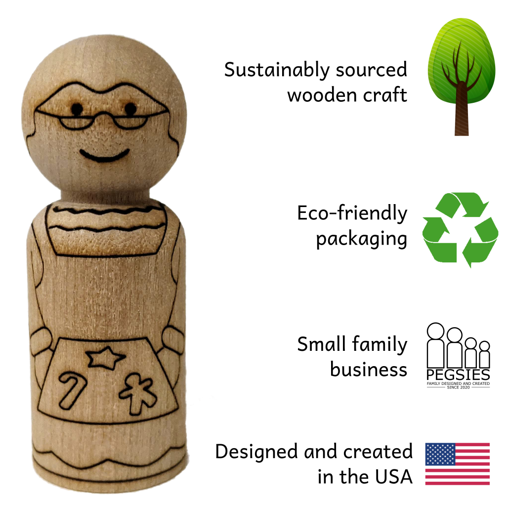 Peg doll with Christmas North Pole Mrs. Claus laser etched design next to product features; Sustainably sourced wooden craft, eco-friendly packaging, small family business, designed and created in the USA.