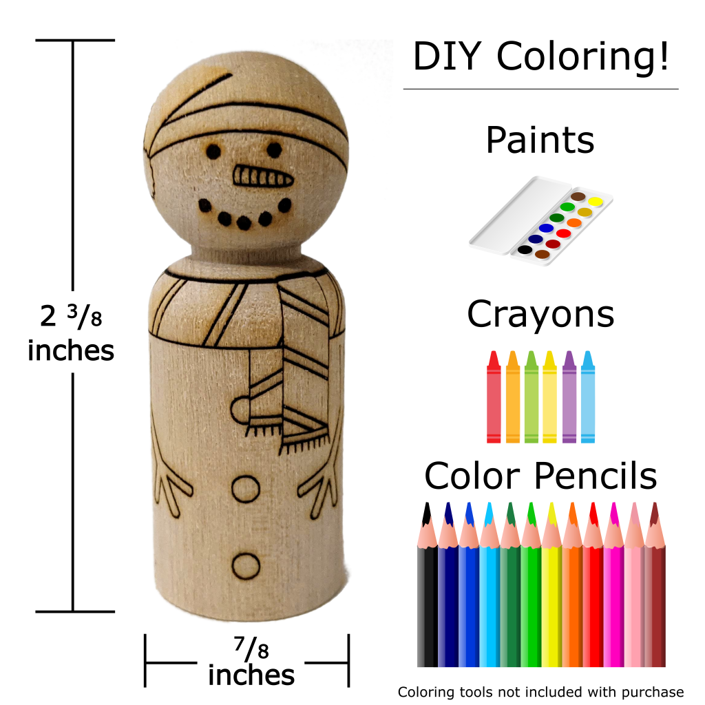 Dimensions of birch peg doll with Christmas North Pole Snowman laser etched design. Measures 2 3/8 inches tall and 7/8 inches in diameter. Example coloring tools for DIY coloring are paints, crayons, and color pencils.