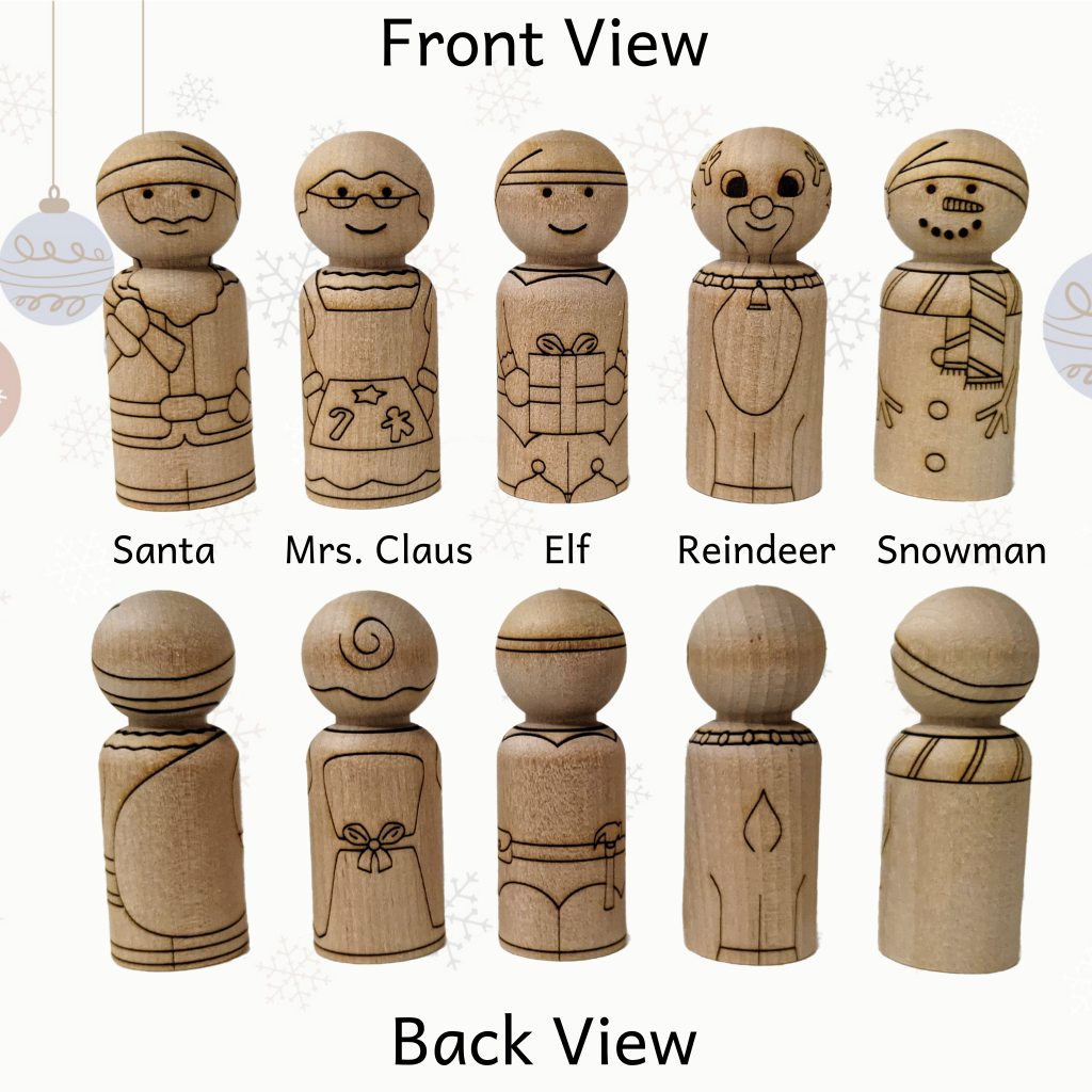 Front and back view of five peg dolls made from birch wood laser etched with Christmas North Pole characters: Santa, Mrs. Claus, Elf, Reindeer, and Snowman.