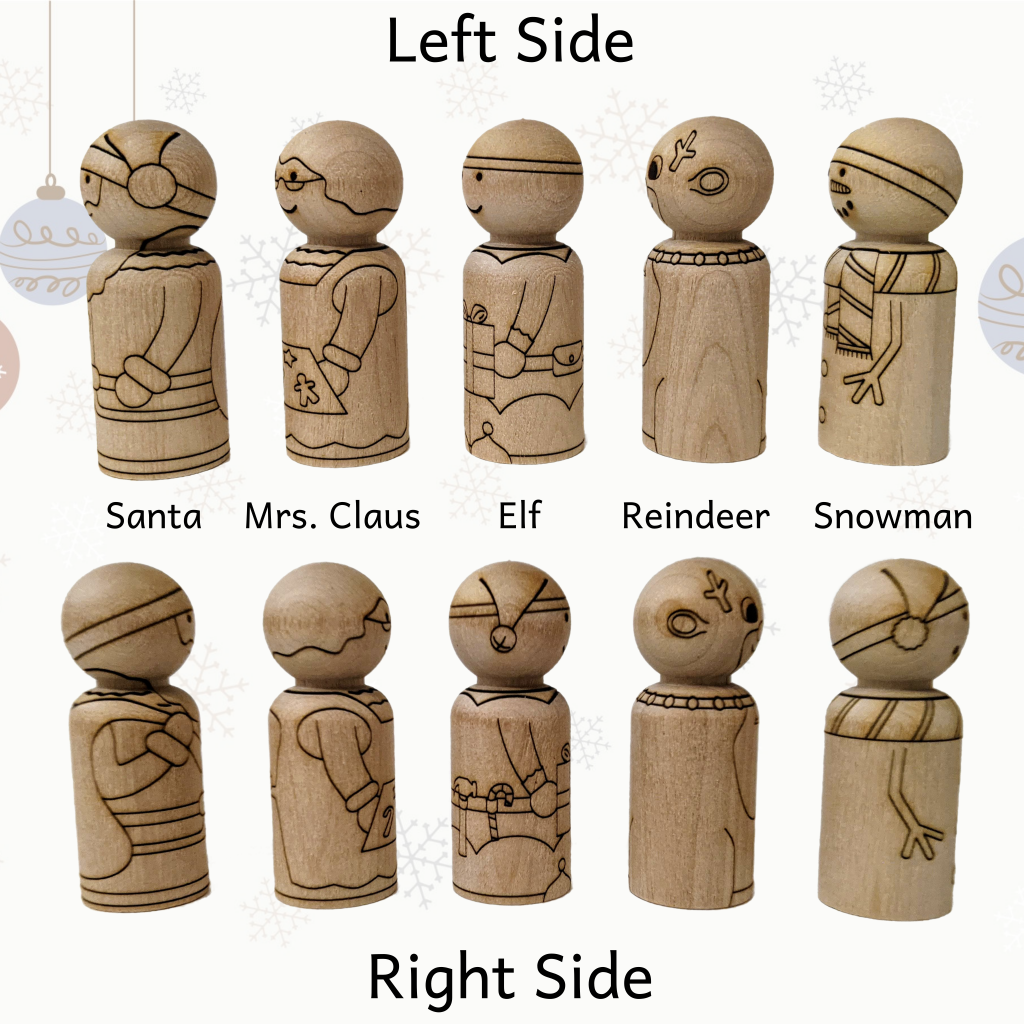 Left and right side view of five peg dolls made from birch wood laser etched with Christmas North Pole characters: Santa, Mrs. Claus, Elf, Reindeer, and Snowman.
