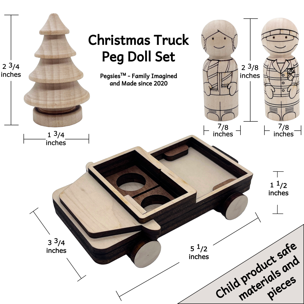 Dimensions of wooden peg dolls, wooden pickup truck, and wooden christmas tree