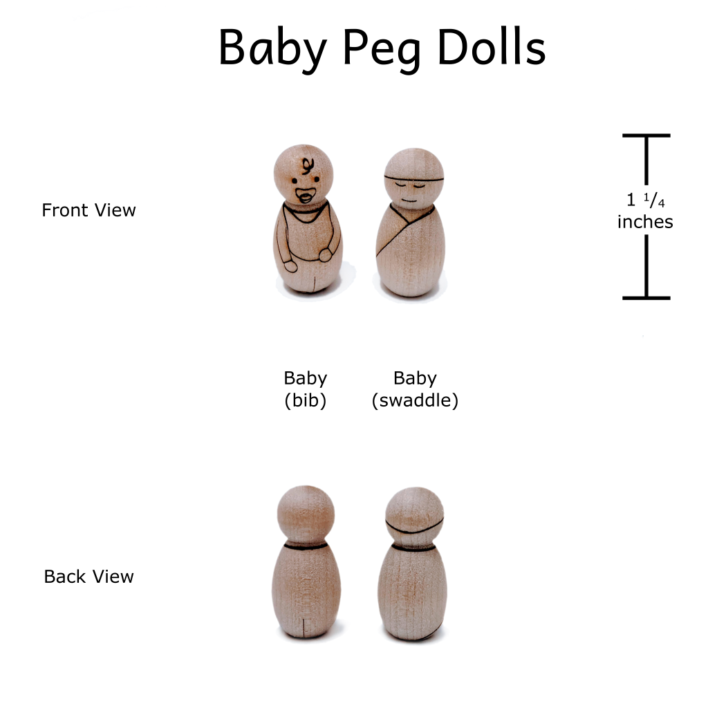 Wooden peg doll laser engraved to look like a baby. Measures 1-1/4 inches tall.