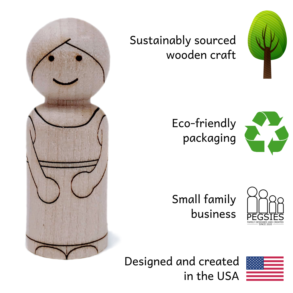 Wooden peg doll laser engraved to look like a little girl. Sustainably sourced wooden craft, eco-friendly packaging, small family business, designed and created in the USA.