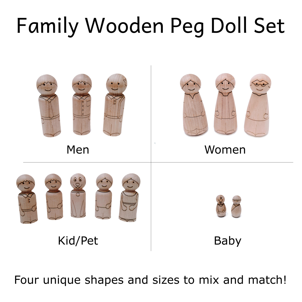 Different variations of wooden peg dolls laser engraved to look like various members of a family: Grandpa, Grandma, Dad, Mom, Boy, Girl, Dog, and Baby.