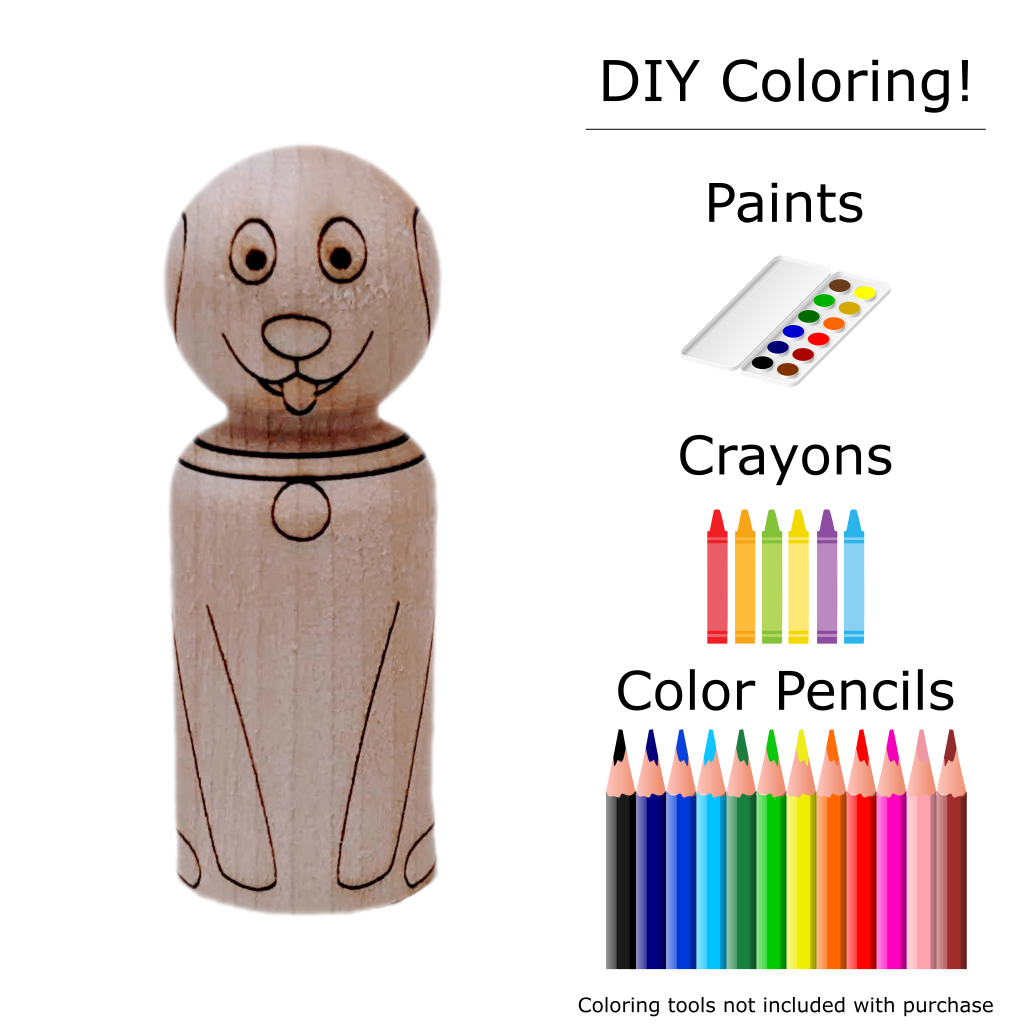 Wooden peg doll laser engraved to look like a dog. Shows different coloring options to include paints, crayons, and color pencils.
