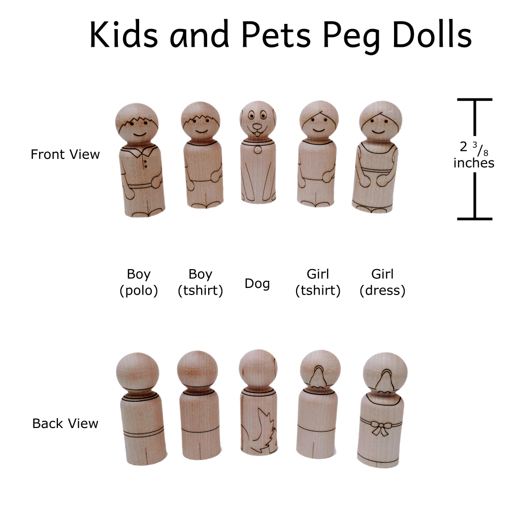 Wooden peg doll laser engraved to look like kids or a peg (boy, girl, or dog). Measures 2-3/8 inches tall.