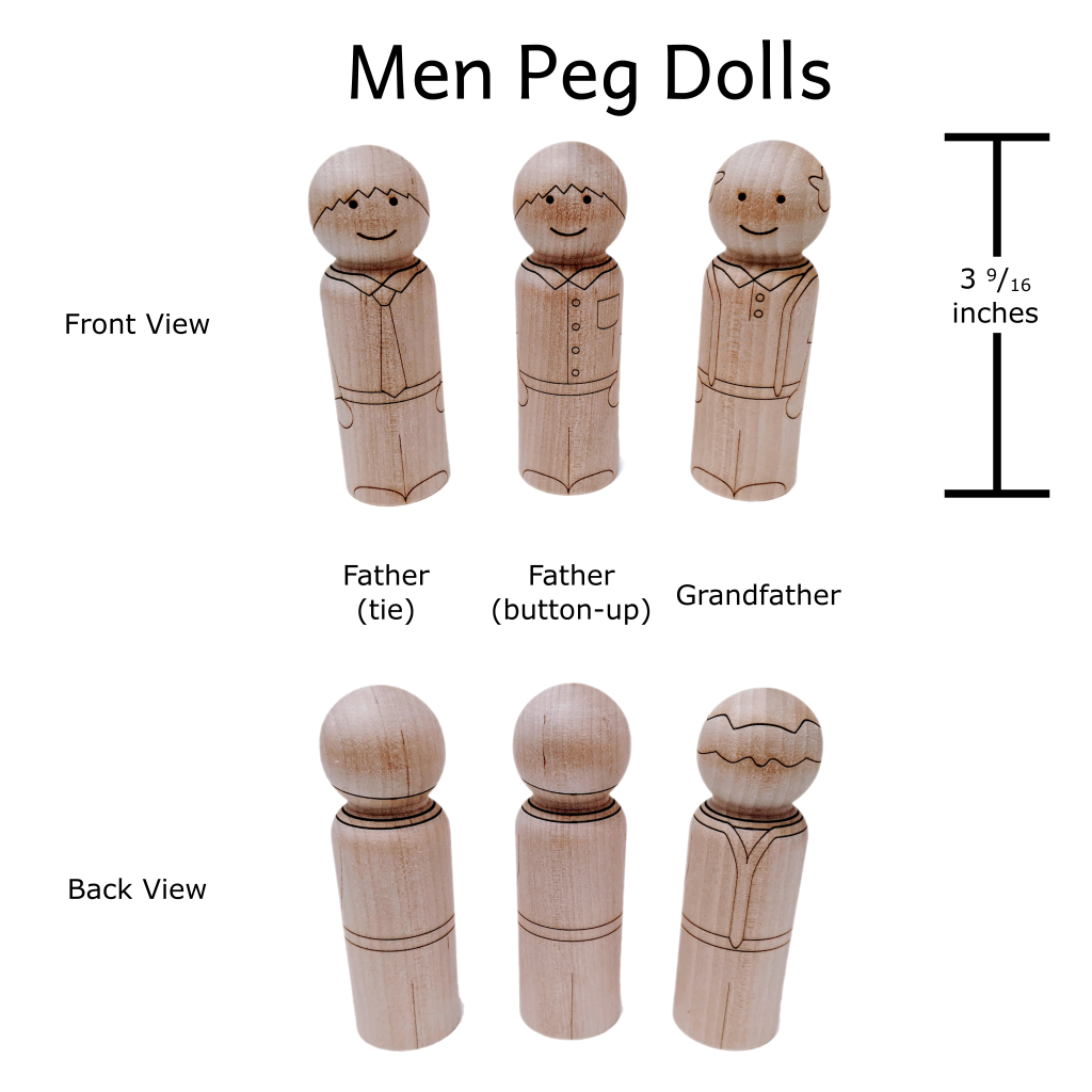 Wooden peg doll laser engraved to look like a Man (Father or Grandfather). Measures 3-9/16 inches tall.