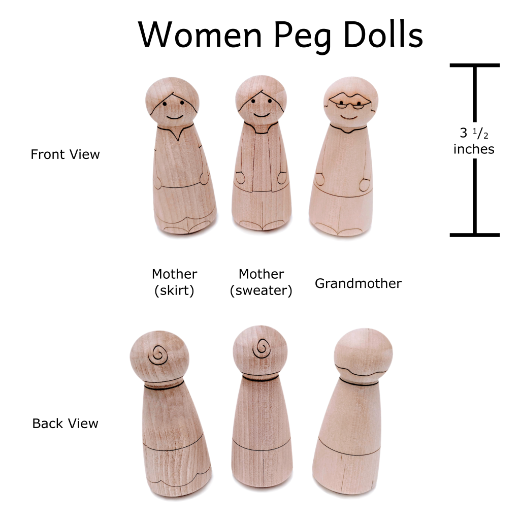 Wooden peg doll laser engraved to look like a Woman (Mother or Grandmother). Measures 3-1/2 inches tall.
