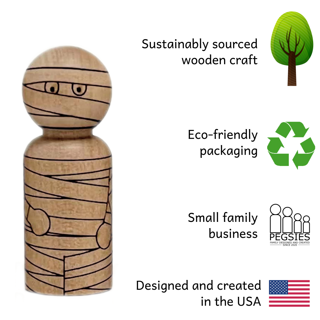 Peg doll with zombie laser etched design next to product features; Sustainably sourced wooden craft, eco-friendly packaging, small family business, designed and created in the USA.