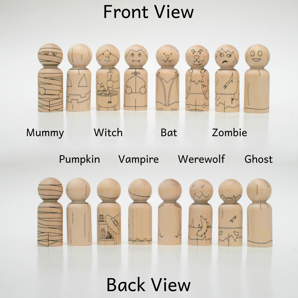 Front and back view of eight peg dolls made from birch wood laser etched with Halloween characters: Mummy, Pumpkin, Witch, Vampire, Bat, Werewolf, Zombie, and Ghost.