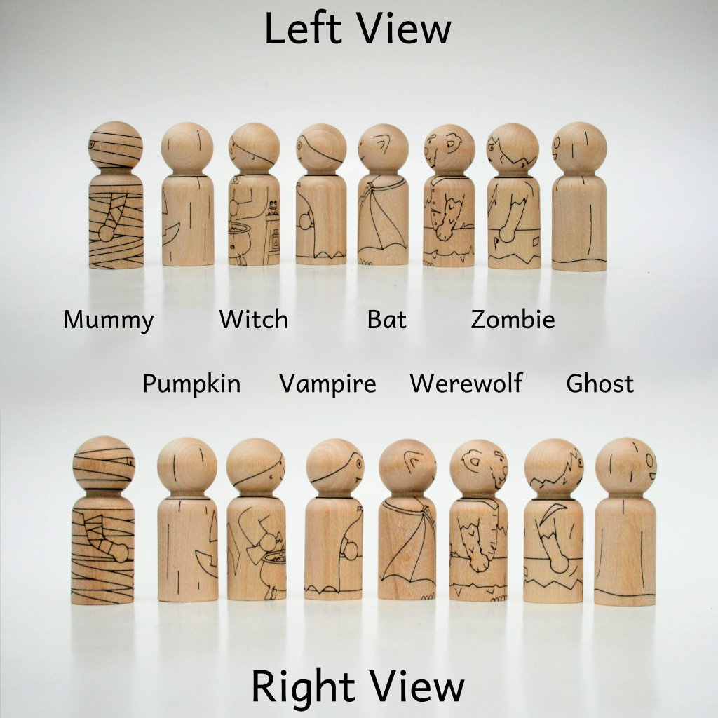 Left and right view of eight peg dolls made from birch wood laser etched with Halloween characters: Mummy, Pumpkin, Witch, Vampire, Bat, Werewolf, Zombie, and Ghost.
