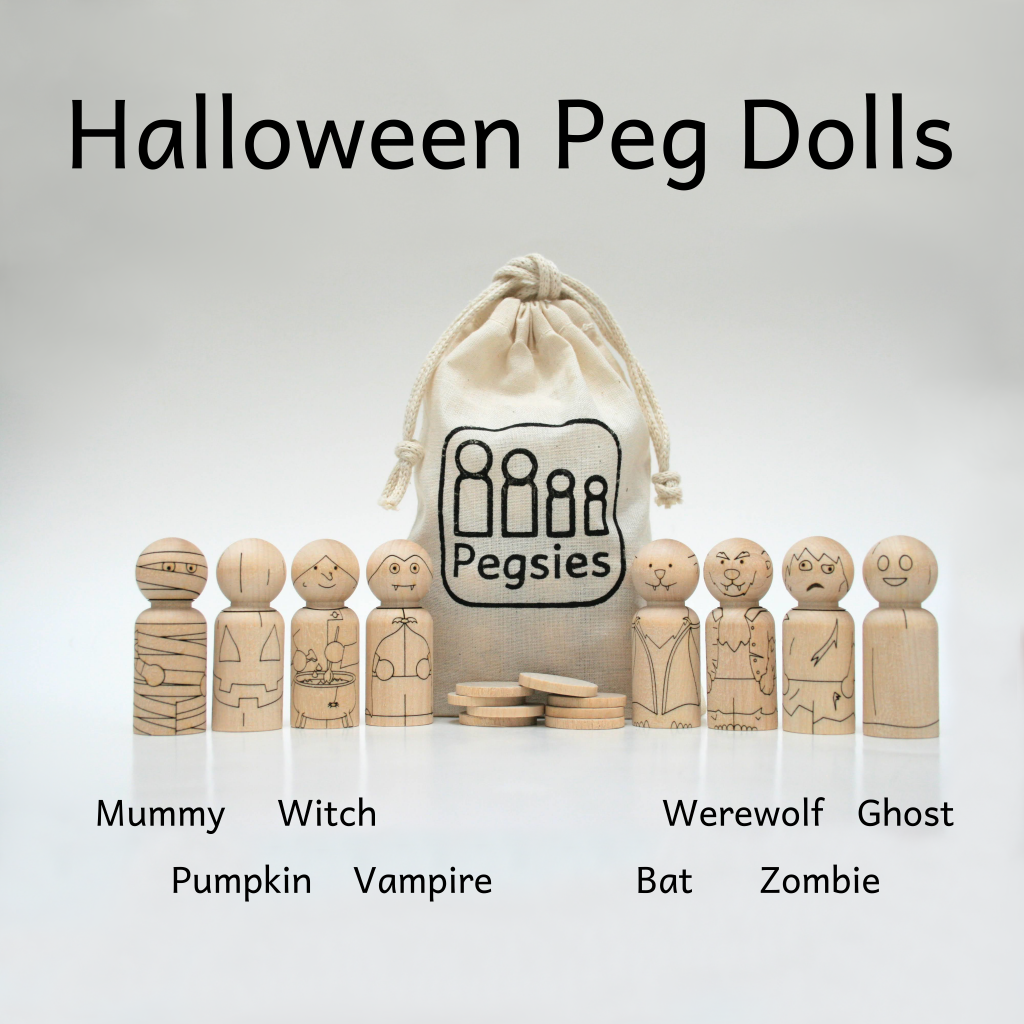 Eight peg dolls made from birch wood laser etched with Halloween characters: Mummy, Pumpkin, Witch, Vampire, Bat, Werewolf, Zombie, and Ghost. Includes muslin cotton pouch and eight birch tokens to test coloring tools.