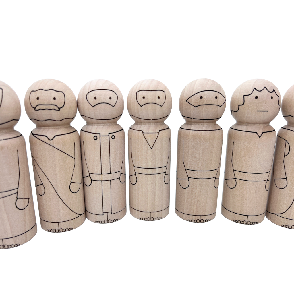Some of the 12 disciples and Jesus as wooden peg dolls