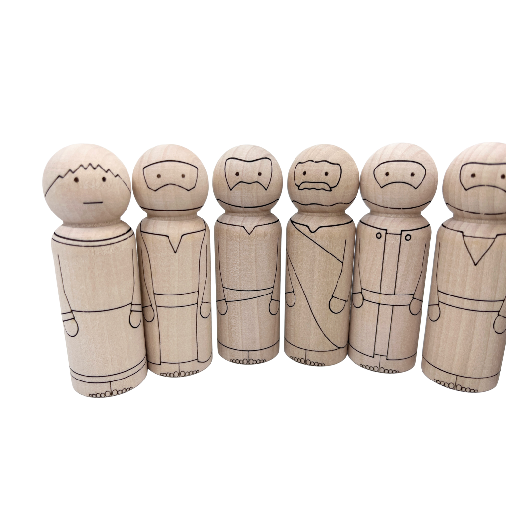 Some of the 12 disciples and Jesus as wooden peg dolls