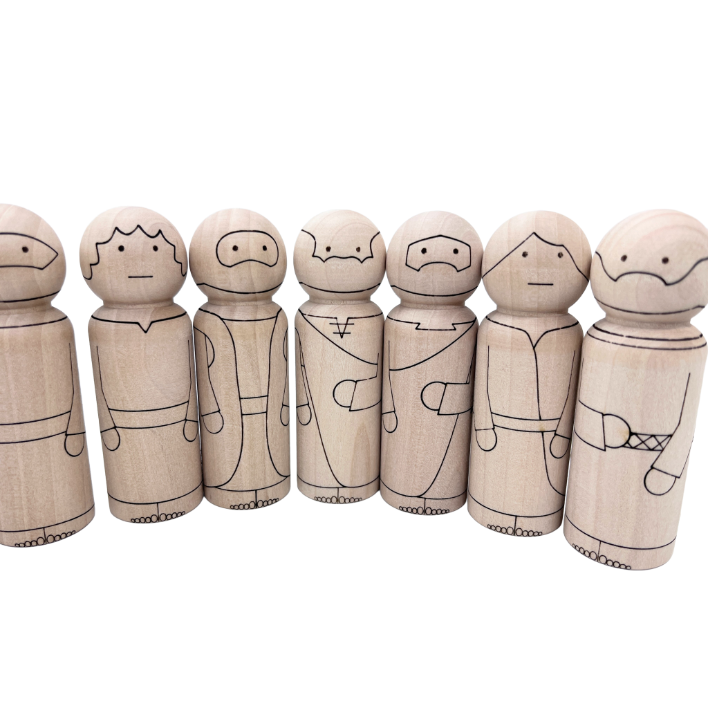 Some of the 12 disciples and Jesus as wooden peg dolls