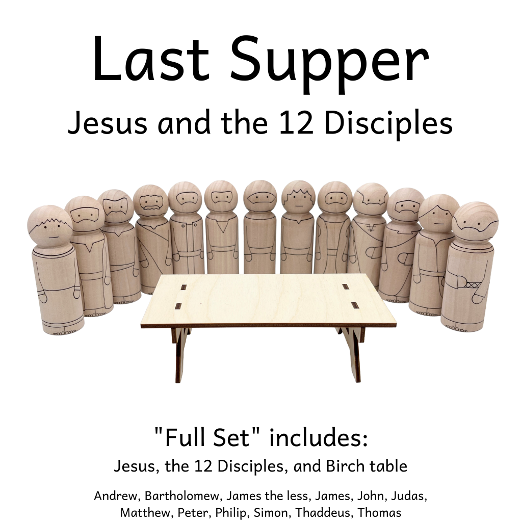 12 disciples and Jesus as peg dolls behind a wood table
