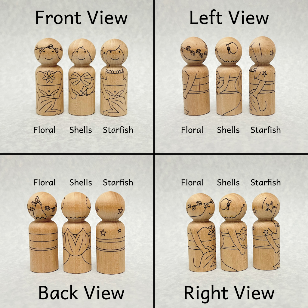 Front, left, back, and right view of Mermaid peg dolls made of natural baltic birch with laser etched designs. Three designs include, floral, sea shells, and starfish.