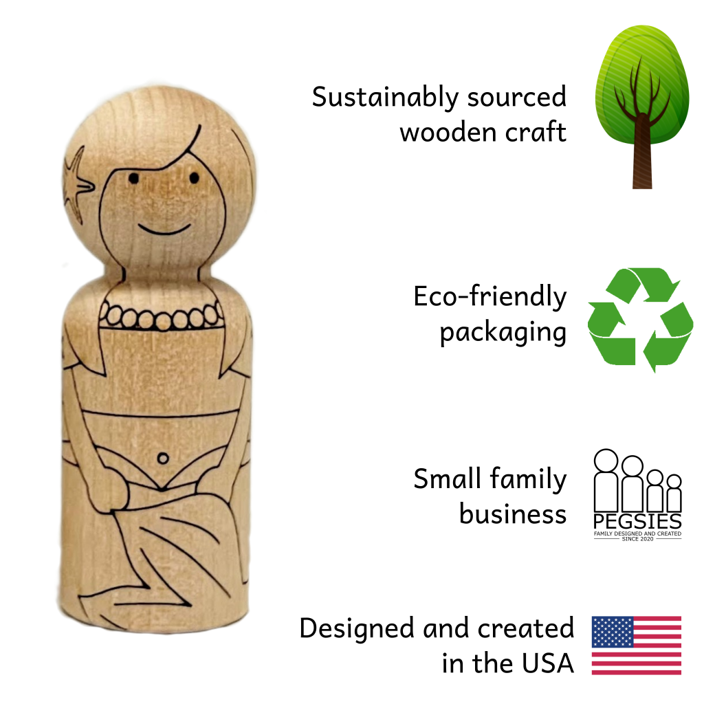 Seashell mermaid with laser etched designs. Three designs include, floral, sea shells, and starfish. Sustainably sourced wooden craft. Eco-friendly packaging. Small family business. Designed and created in the USA.