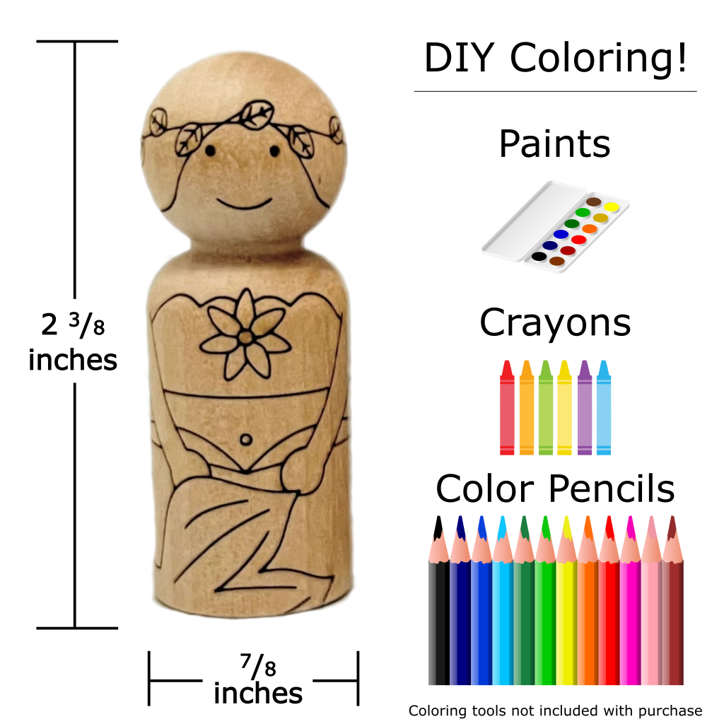 Dimensions and some coloring options for Mermaid peg dolls made of natural baltic birch with laser etched designs. Three designs include, floral, sea shells, and starfish.