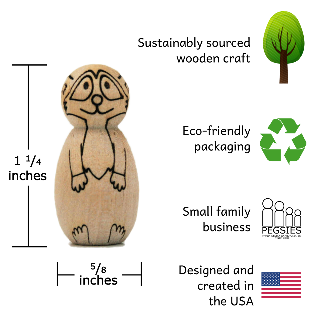 Measurement of 1-1/4 inch by 5/8 inch mini peg doll animal that looks like a raccoon. Sustainably sourced wooden craft. Eco-friendly packaging. Small family business. Designed and created in the USA.