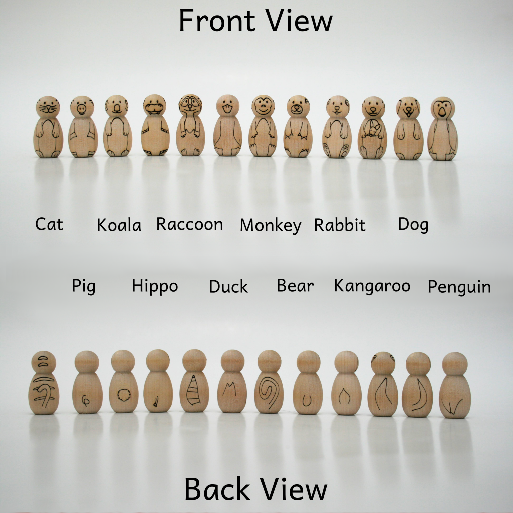 Front and back view of mini peg doll animals. Characters are laser etched to show likeness of a cat, pig, koala, hippo, raccoon, duck, monkey, bear, rabbit, kangaroo, dog, and penguin. Sample coloring with color pencil.
