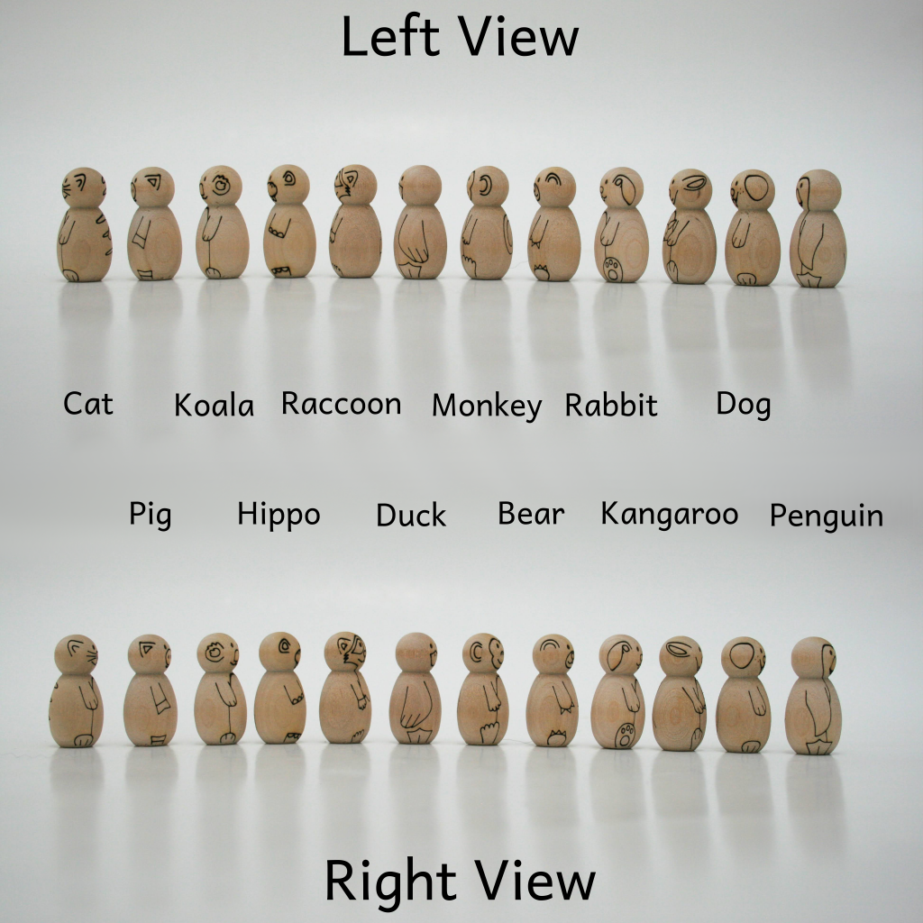Left and right view of mini peg doll animals. Characters are laser etched to show likeness of a cat, pig, koala, hippo, raccoon, duck, monkey, bear, rabbit, kangaroo, dog, and penguin. Sample coloring with color pencil.