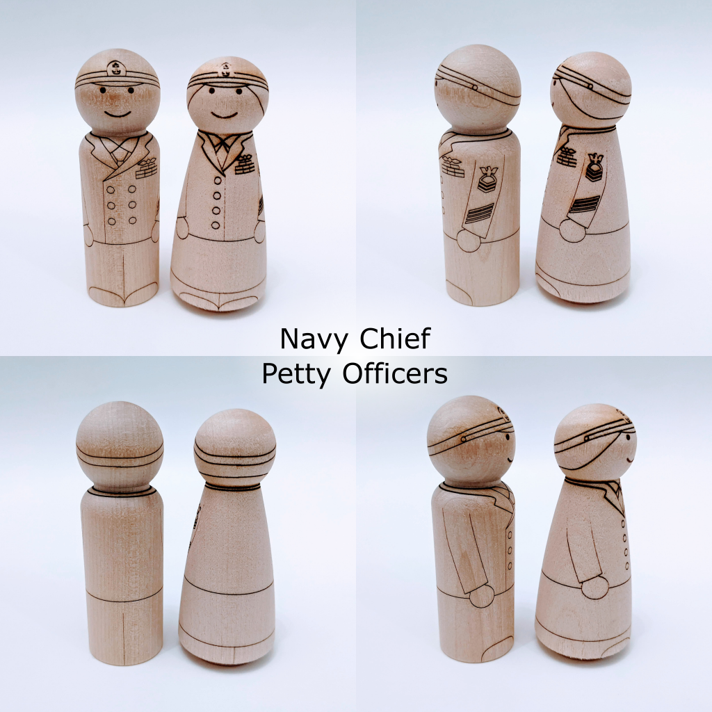 Front, back, and side views of laser engraved United States Navy Chief Petty Officer peg dolls.