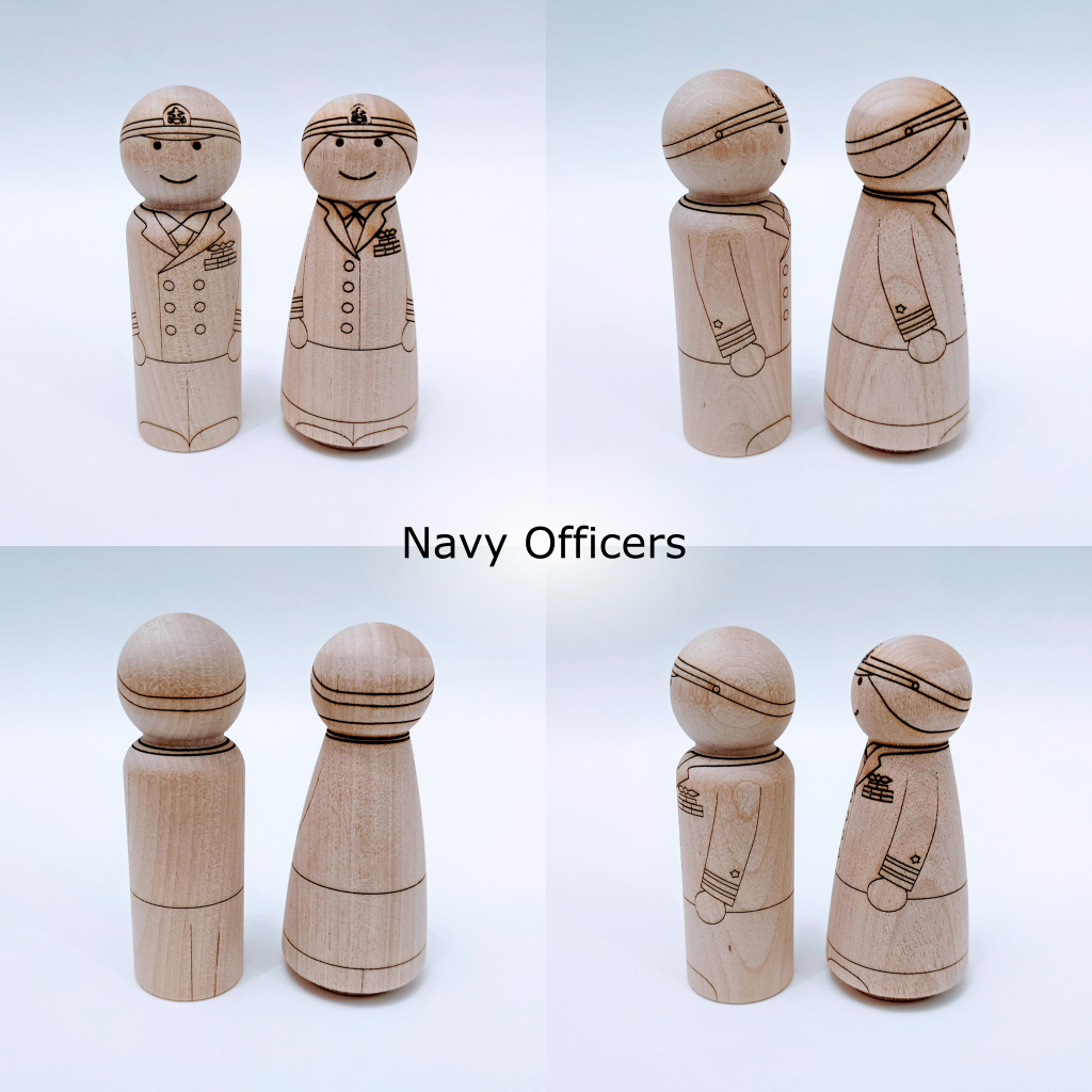Front, back, and side views of laser engraved United States Navy Officer peg dolls.