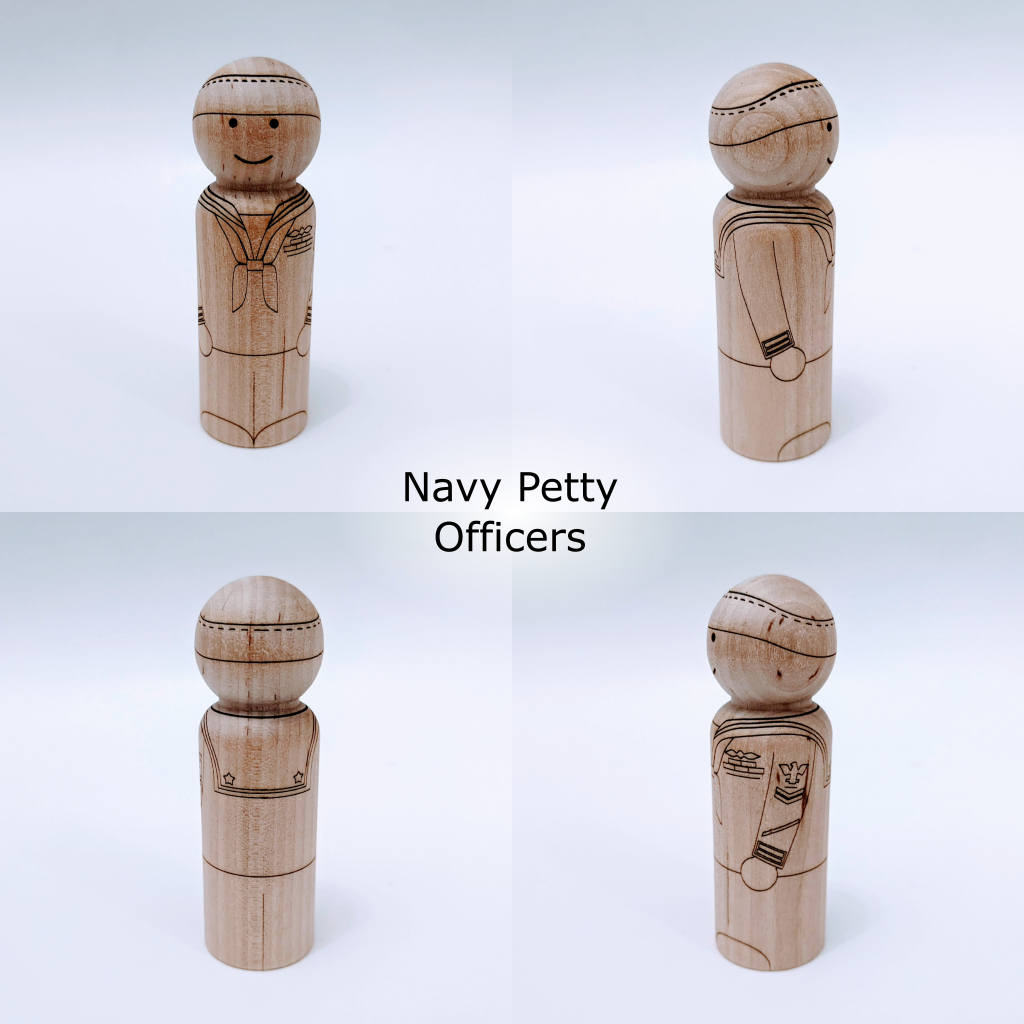 Front, back, and side views of laser engraved United States Navy Petty Officer peg dolls.