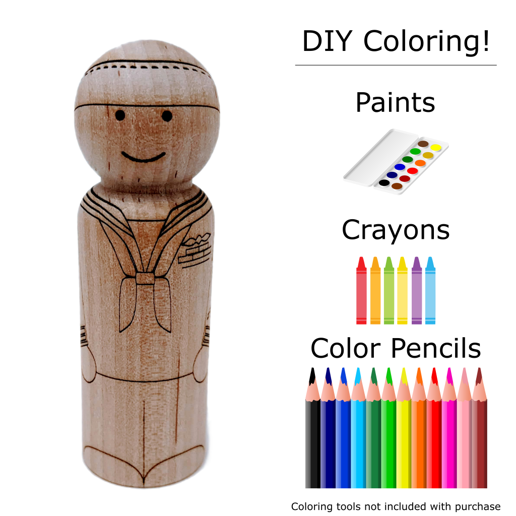 United States Navy Petty Officer laser engraved peg doll with coloring options.