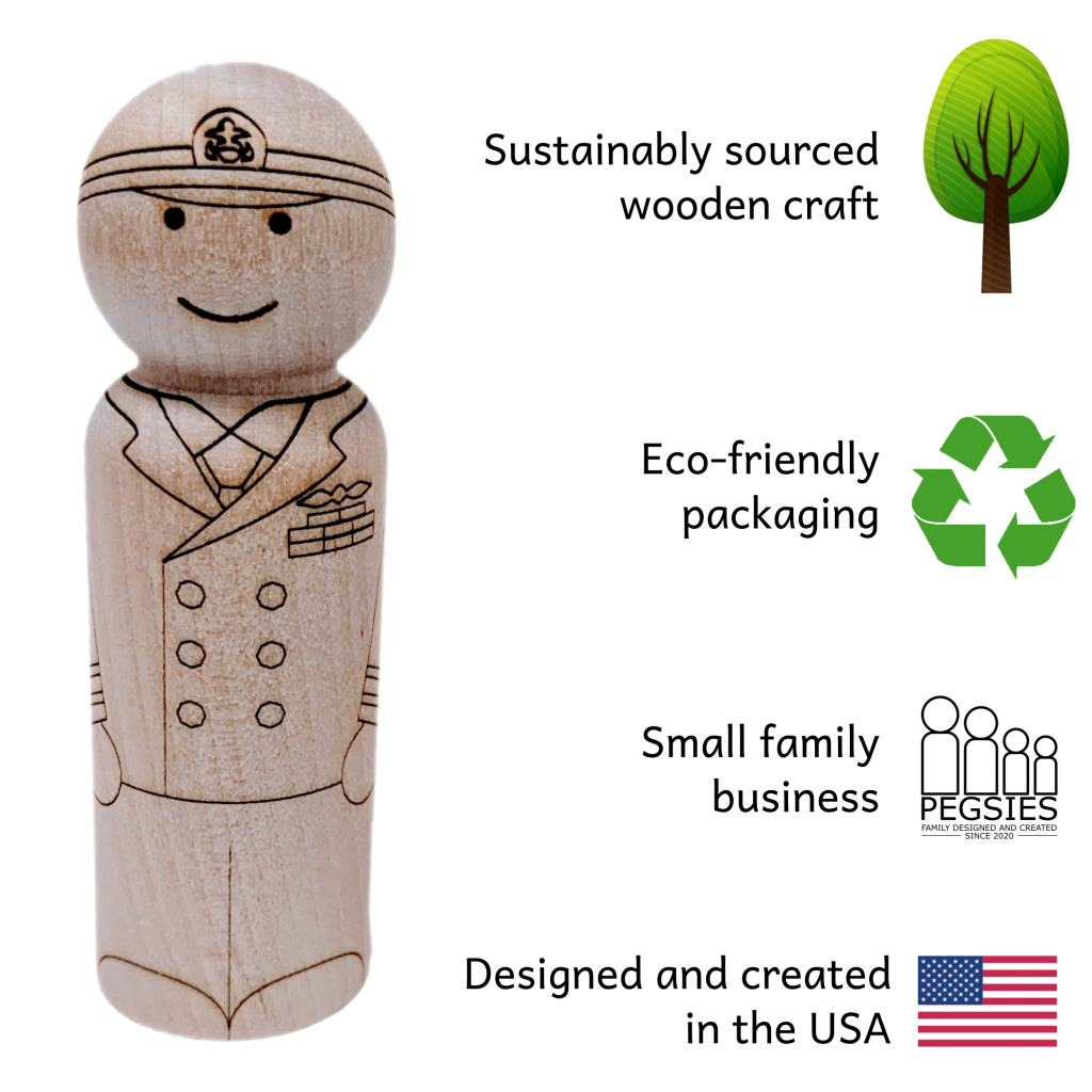 United States Navy Officer laser engraved peg doll. Sustainably sourced wooden craft. Eco-friendly packaging. Small family business. Designed and created in the USA.