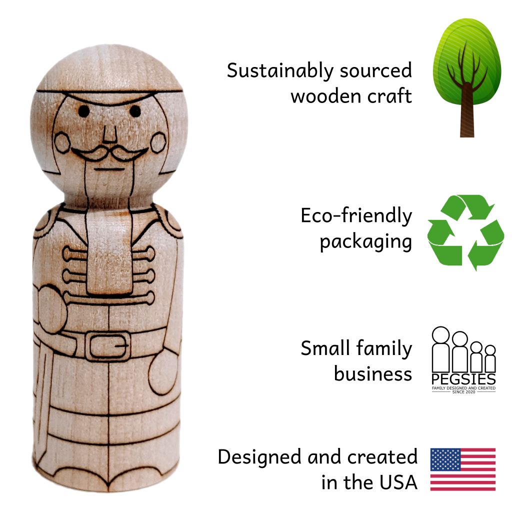 Peg doll with Christmas Nutcracker laser etched design next to product features; Sustainably sourced wooden craft, eco-friendly packaging, small family business, designed and created in the USA.