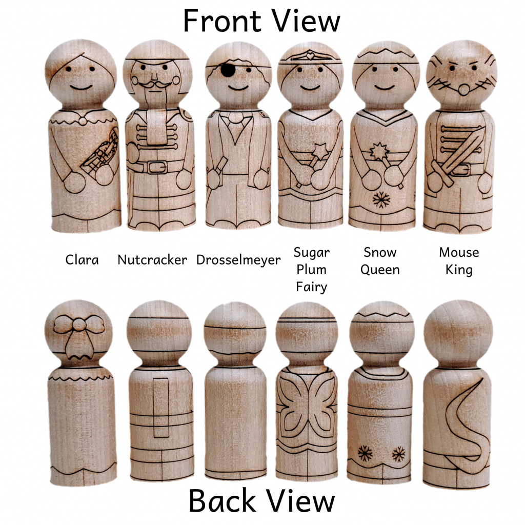 Front and back view of six peg dolls made from birch wood laser etched with Christmas Nutcracker characters including Clara, Nutcracker, Drosselmeyer, Sugar Plum Fairy, Snow Queen, and Mouse King.