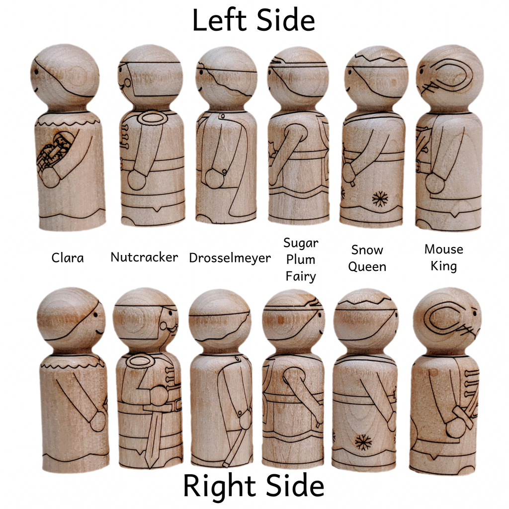 Left and right side view of six peg dolls made from birch wood laser etched with Christmas Nutcracker characters including Clara, Nutcracker, Drosselmeyer, Sugar Plum Fairy, Snow Queen, and Mouse King.