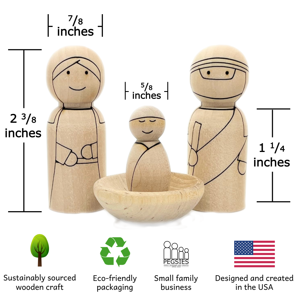 Dimensions of peg dolls representing Mary, Joseph, and Baby Jesus.