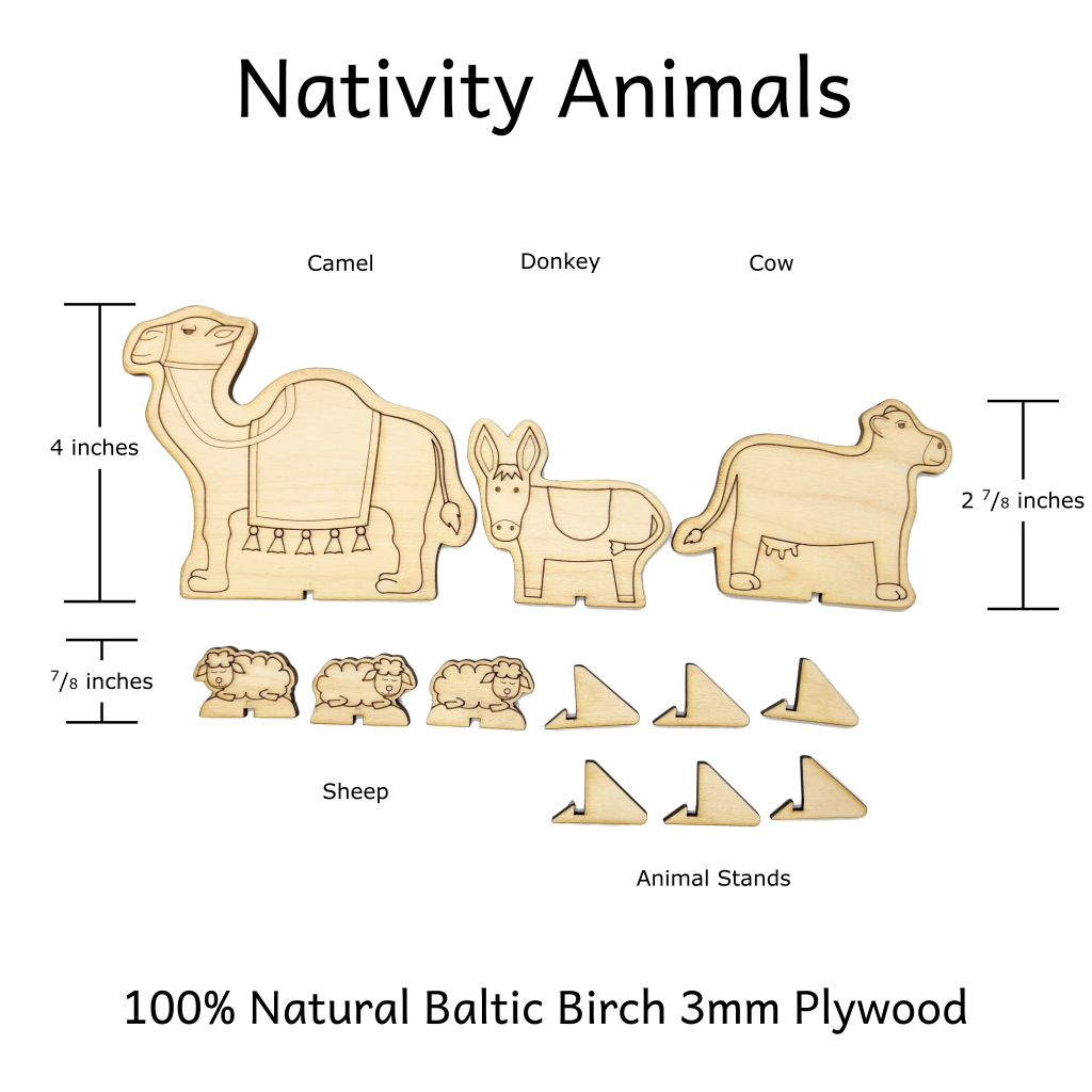 Dimensions of 3mm baltic birch plywood laser etched cutouts of a camel, donkey, cow, and three sheep.