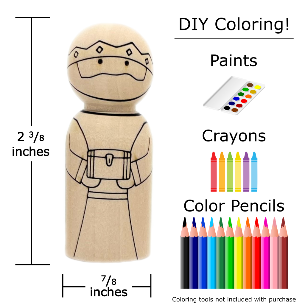 Dimensions of laser etched peg doll that resembles one of the three wise men from a Christmas Nativity scene.