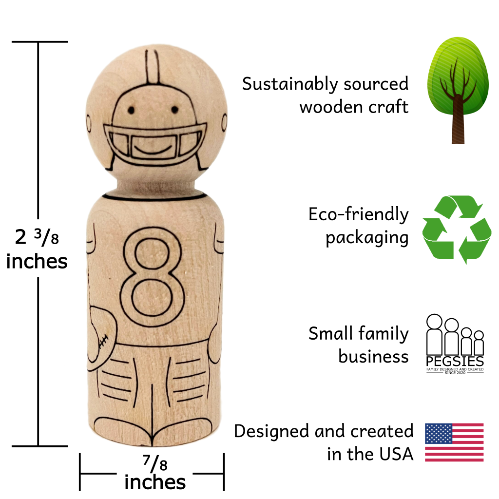 Wooden peg doll laser engraved to look like a football player with dimensions. Sustainably sourced wooden craft. Eco-friendly packaging. Small family business. Designed and created in the USA.