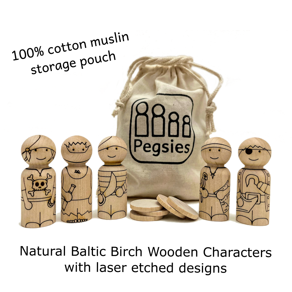 Five peg dolls made from birch wood laser etched with pirate characters: Girl, Toes, Stripes, Parrot, and Hook. Includes muslin cotton pouch and five birch tokens to test coloring tools.